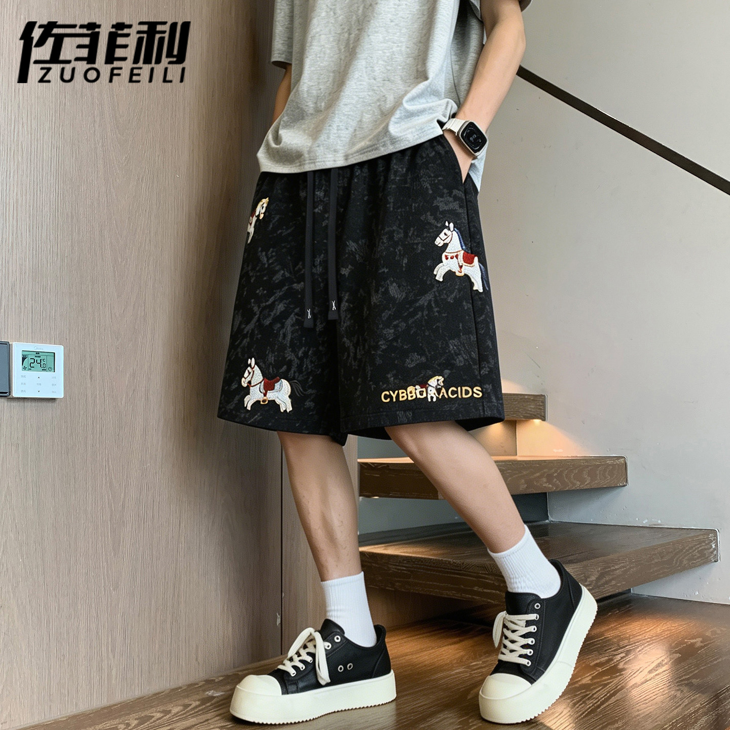 专柜美式扎染短裤男夏季潮牌宽松小马刺绣五分裤子男帅气休闲运动