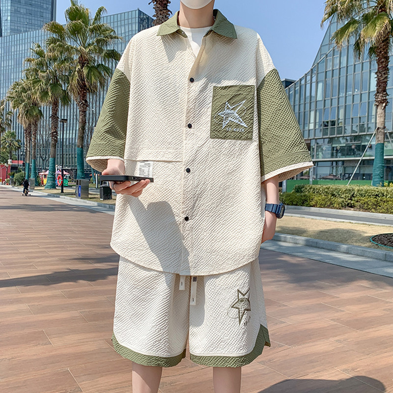 专柜短袖衬衫设计感夏季新款男士休闲套装潮牌撞色拼接衬衣短裤两
