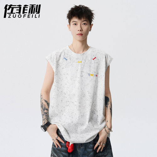 专柜美式扎染无袖t恤男夏季新款宽松刺绣坎肩上衣青少年潮牌休闲