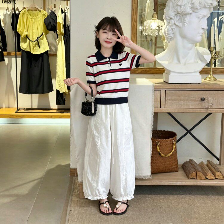 女童夏季冰丝针织短袖套装薄儿童条纹polo领T恤白色九分裤两件套
