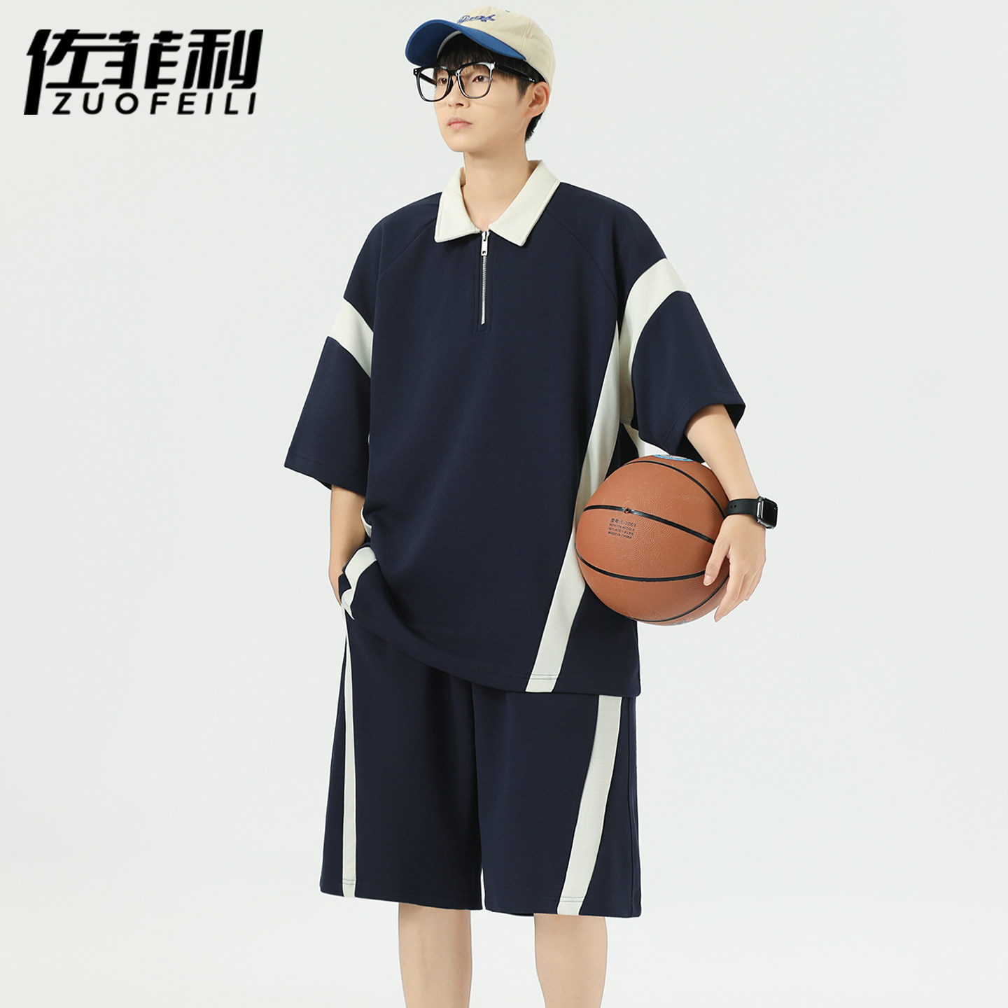 专柜美式休闲运动套装男夏季潮牌拼接短袖Polo衫短裤男装帅气一套