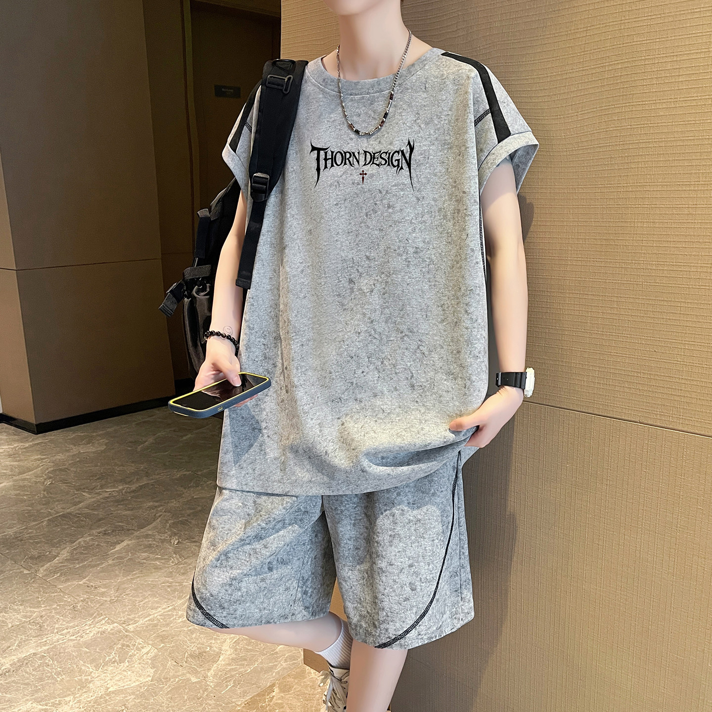 专柜脏脏布背心短裤休闲运动套装男夏季美式坎肩五分裤帅气一套衣