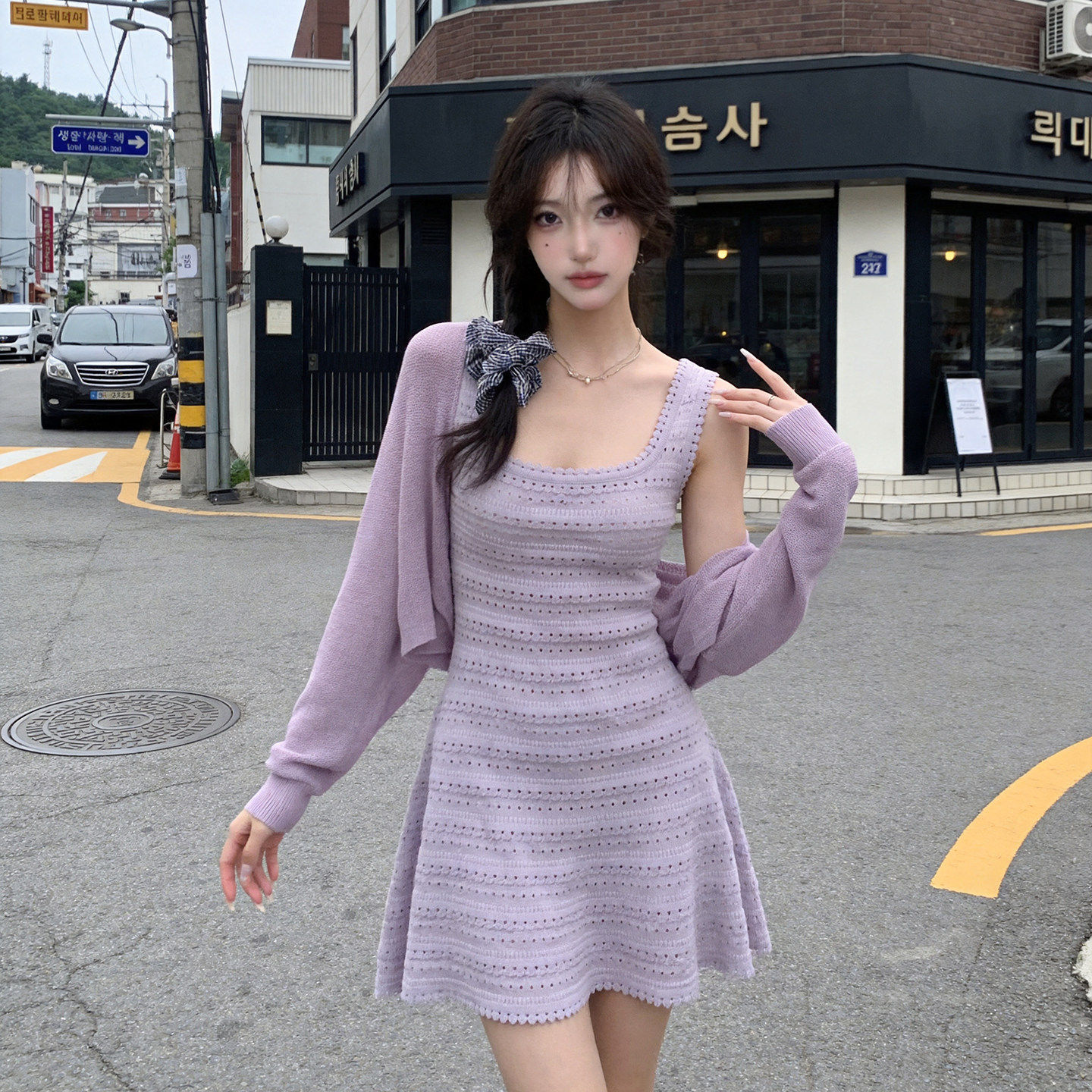 专柜恋爱紫丁香 气质无袖收腰背心裙薄款宽松开衫套装女出片高级