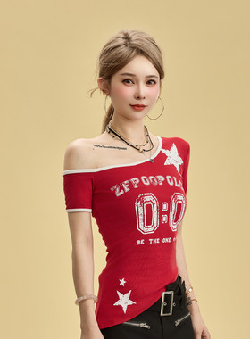 专柜红色美式酷辣短袖t恤女夏2025新款设计感不规则独特漂亮斜肩