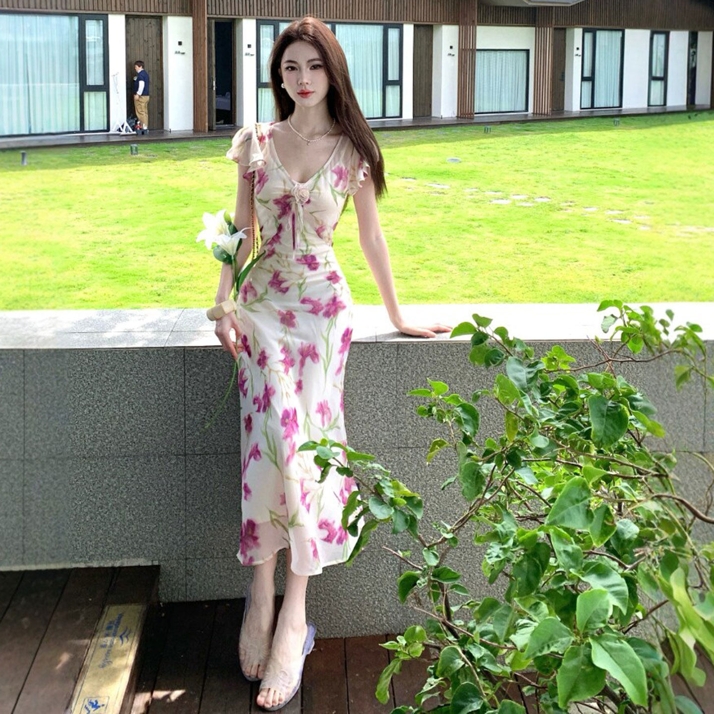 专柜温柔风独特超好看掐腰梨型身材连衣裙漂亮绝美印花修身长裙26
