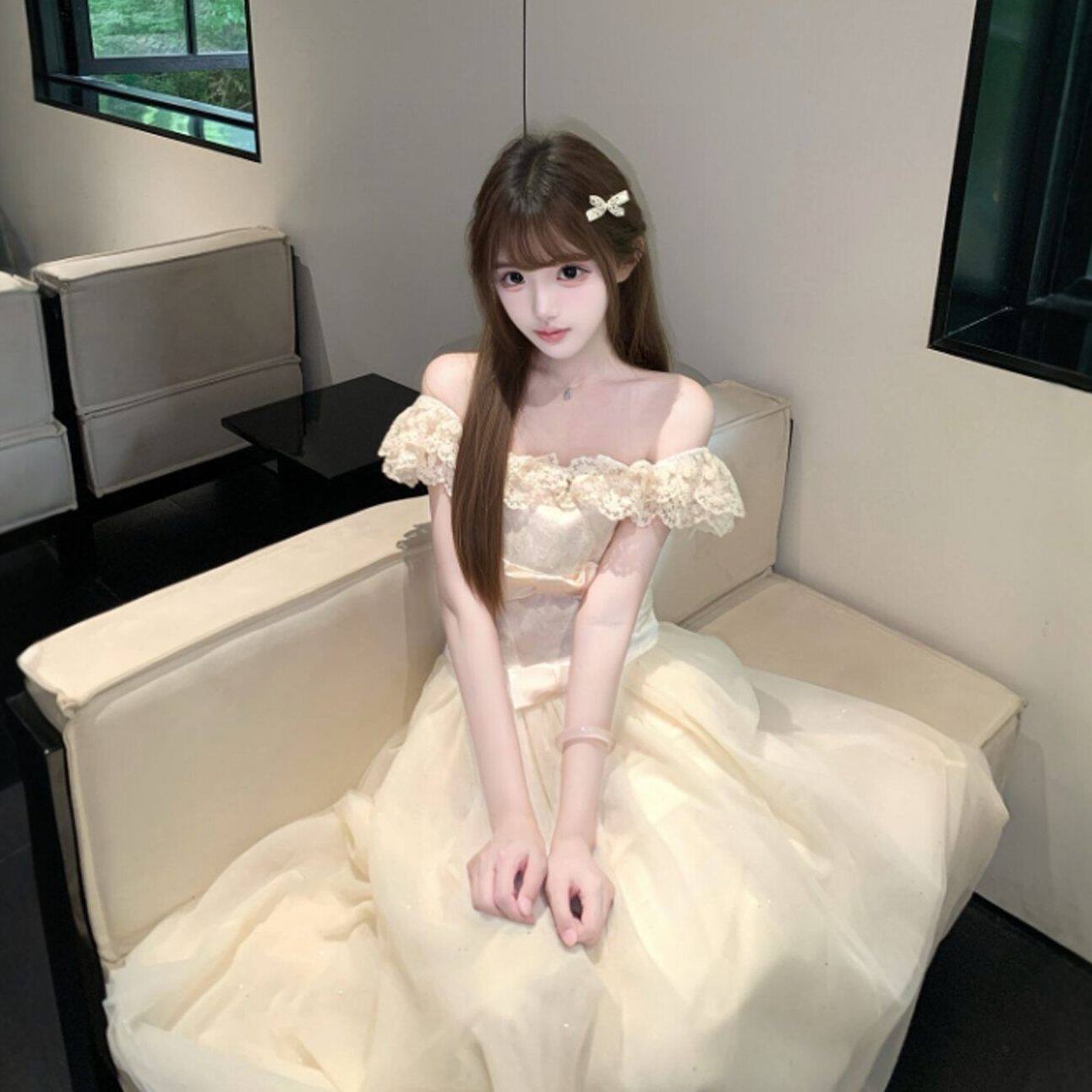 专柜法式温柔风超好看的一字肩收腰蓬蓬仙女长裙绝美漂亮连衣裙26