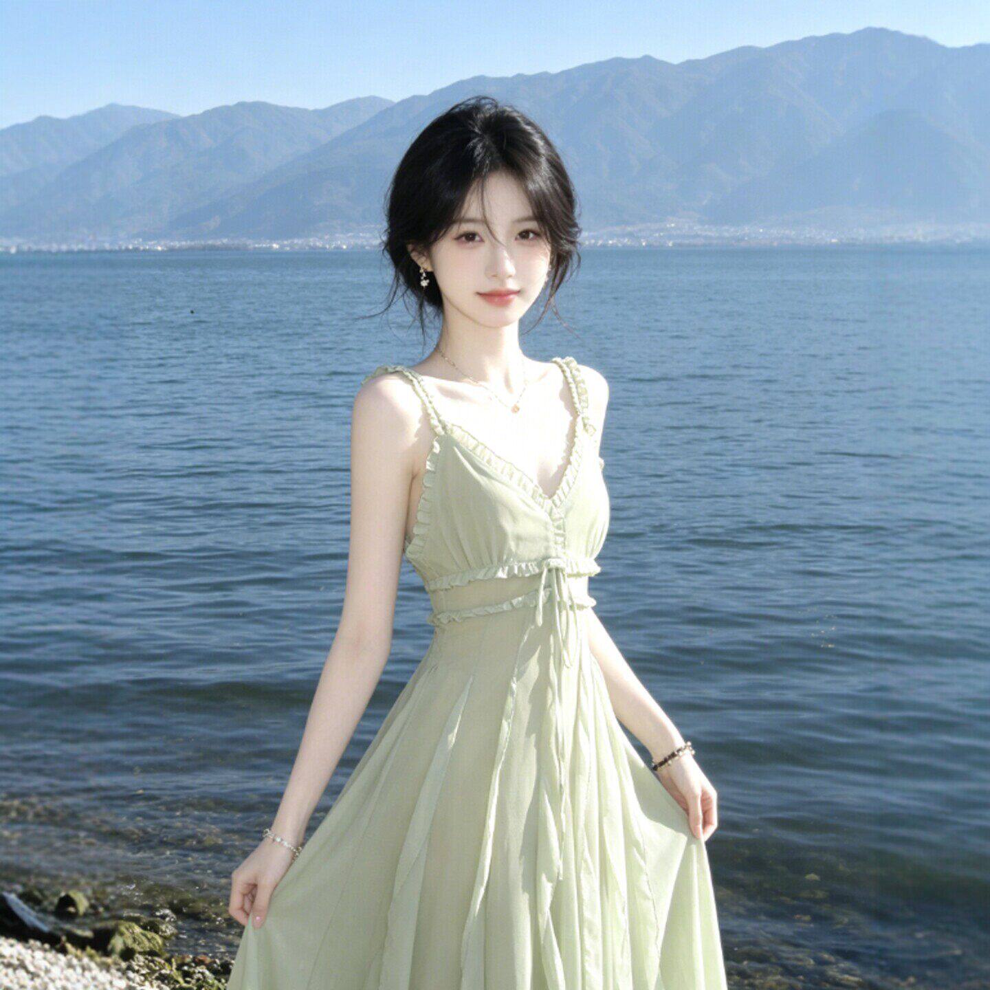 专柜法式温柔风超好看的V领收腰显瘦吊带连衣裙海边度假风长裙26