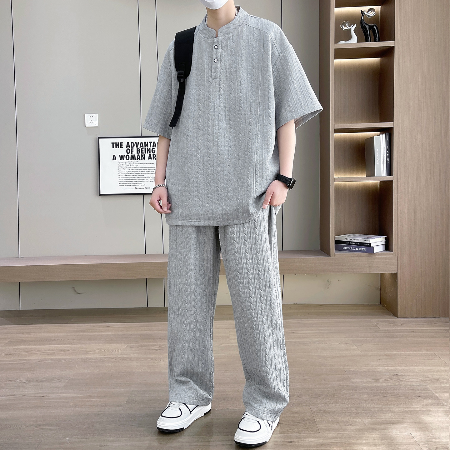 专柜肌理感休闲套装男夏季亨利领短袖长裤两件套青少年痞帅穿搭一