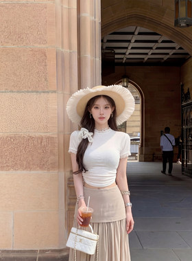 专柜蕾丝边白色正肩短袖t恤女夏季纯欲风修身显瘦短款辣妹上衣
