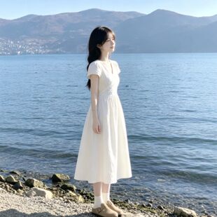 专柜法式温柔风甜美V领收腰显瘦仙女长裙简单大方的连衣裙26夏天
