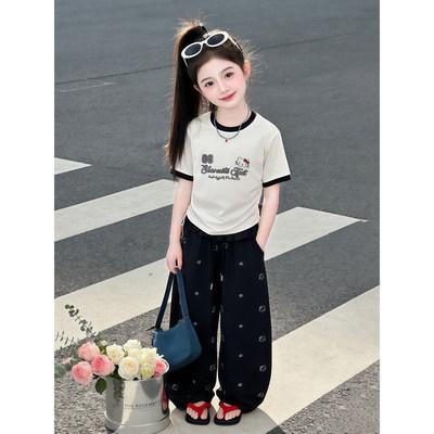 女童套装夏季2026新款洋气儿童休闲时髦短袖kt猫宽松阔腿裤两件套