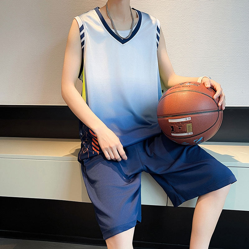 专柜渐变休闲运动套装男夏季冰丝速干短袖短裤一套穿搭衣服跑步篮