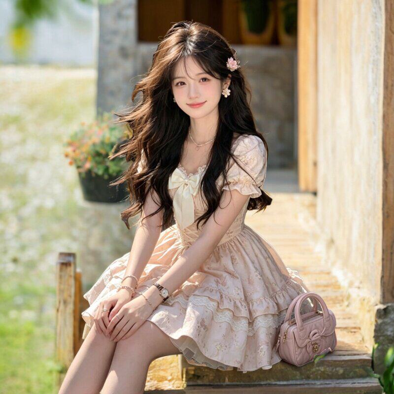 专柜法式温柔风甜美收腰蓬蓬公主短裙小个子绝美泡泡袖连衣裙2026