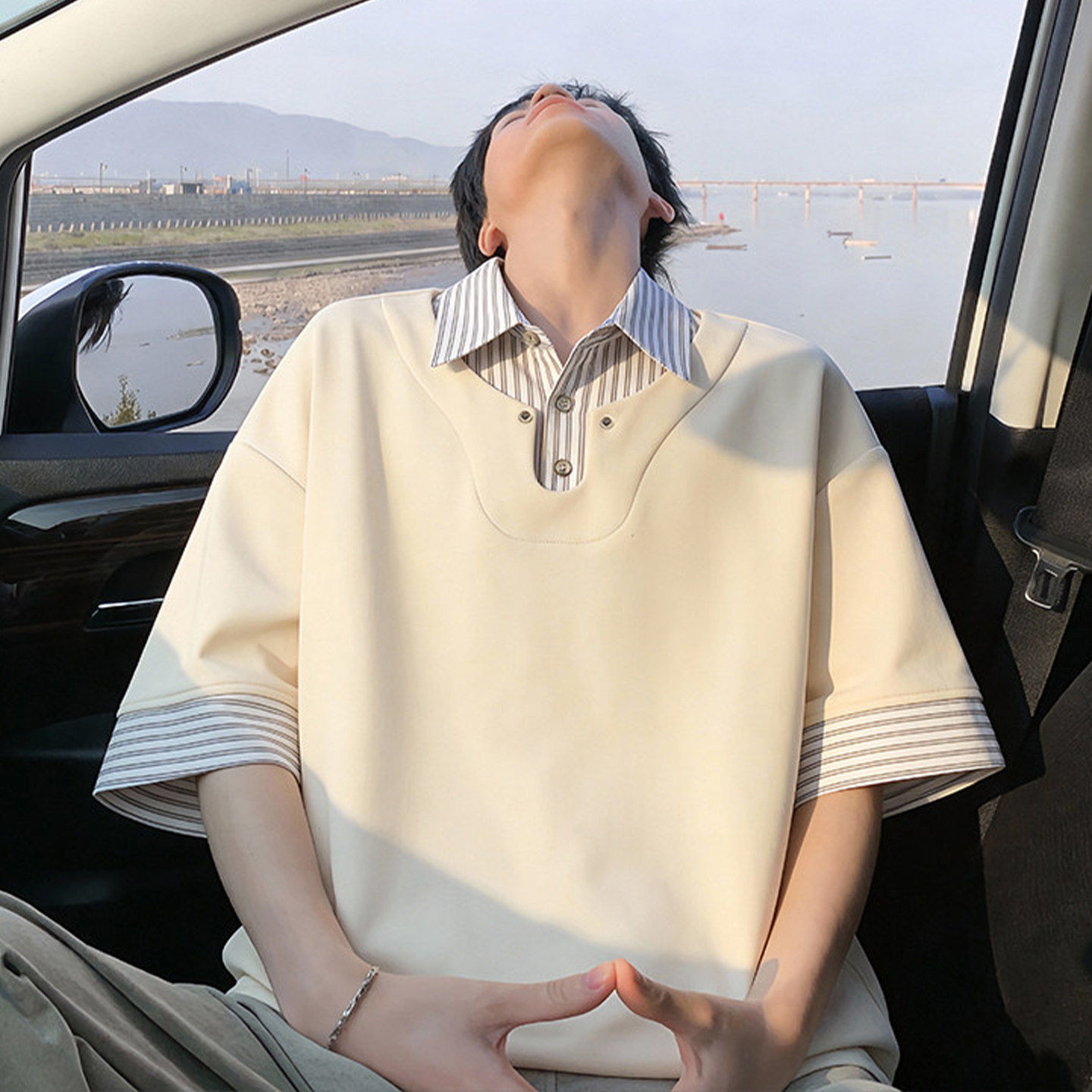 专柜假两件条纹短袖Polo衫男夏季潮牌美式宽松半袖t恤男士高级感