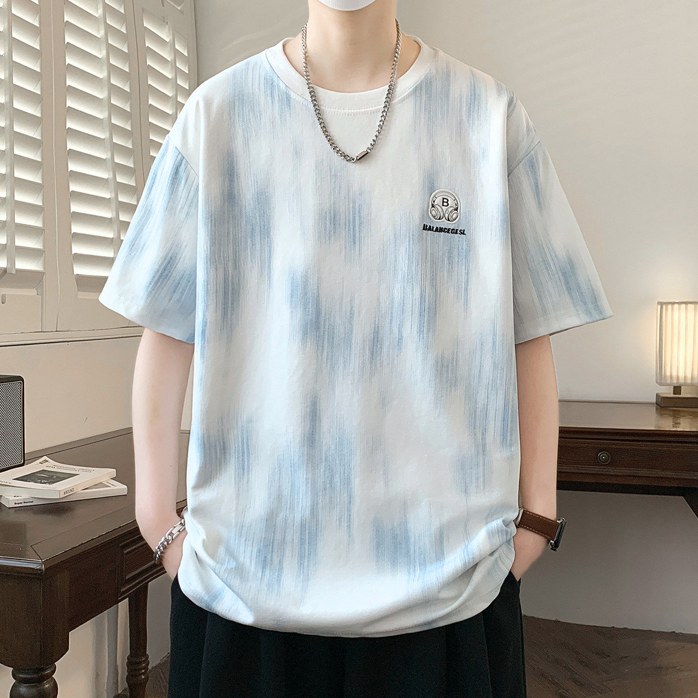 专柜冰丝凉感短袖t恤男夏季美式扎染圆领半袖上衣服青少年设计感