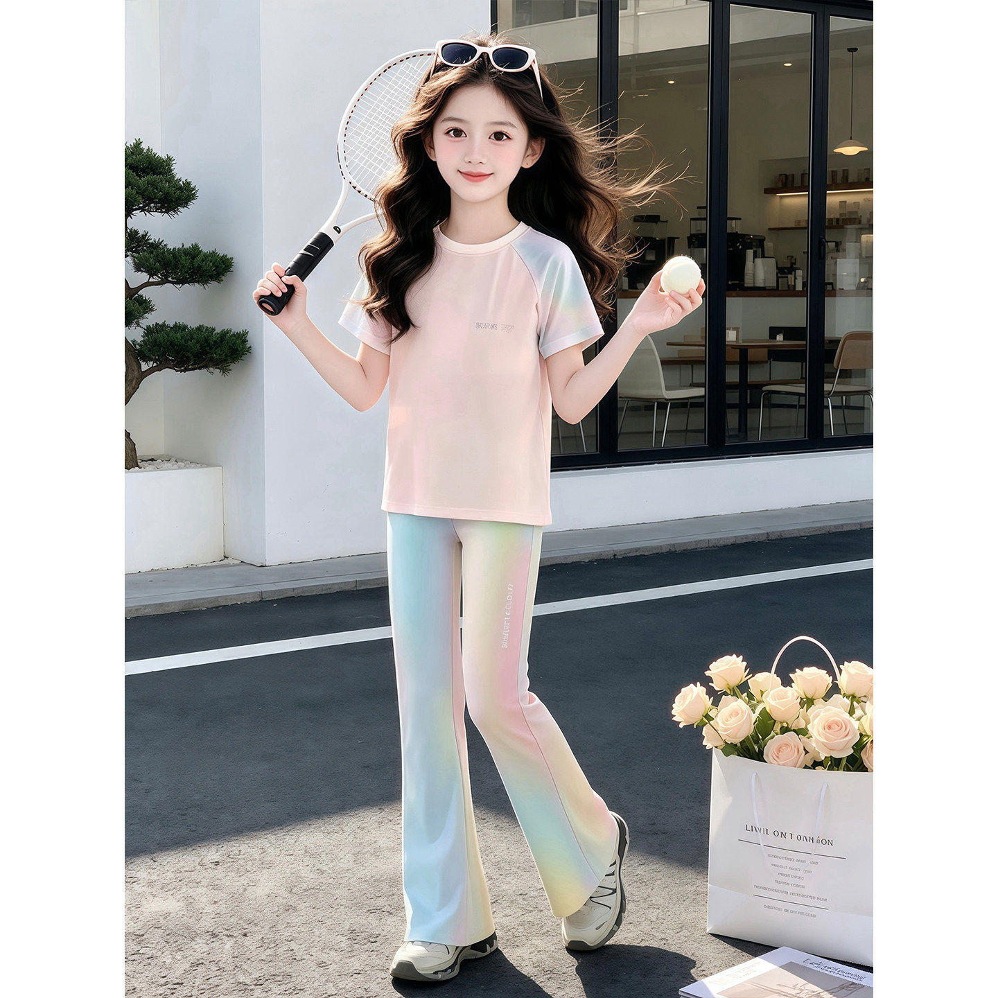 女童套装夏季2026新款洋气儿童短袖t恤女大童夏装薄款冰丝两件套