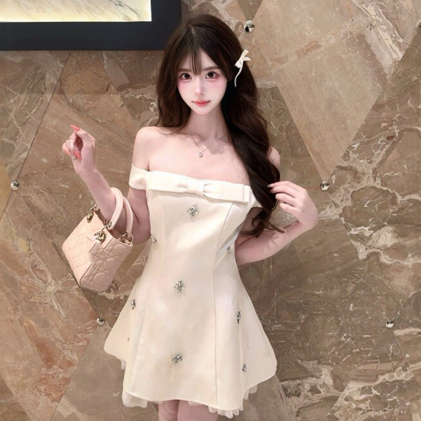 专柜法式温柔风巨好看的一字肩收腰显瘦连衣裙高端气质蓬蓬裙子26