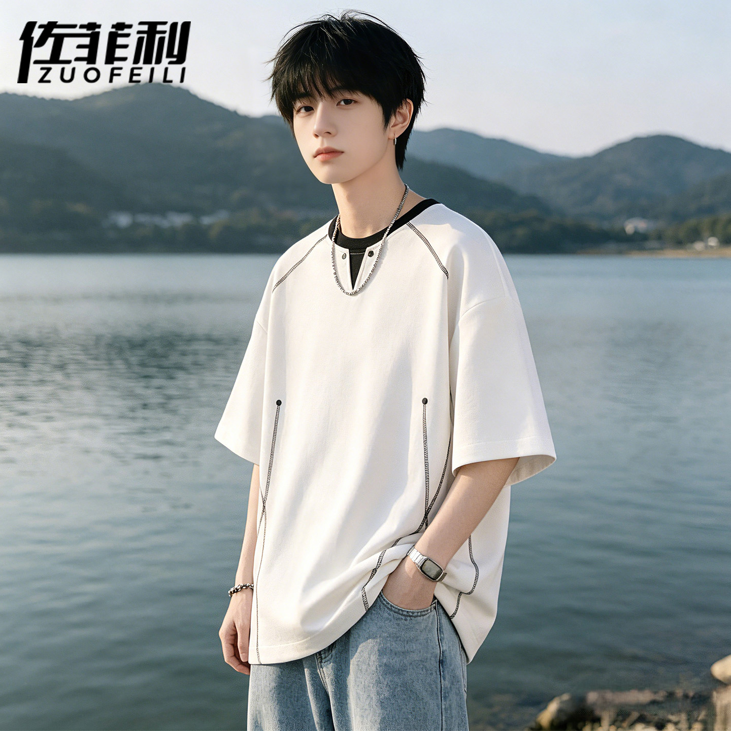 专柜假两件短袖男夏季2026新款宽松明线半袖t恤青少年休闲百搭上