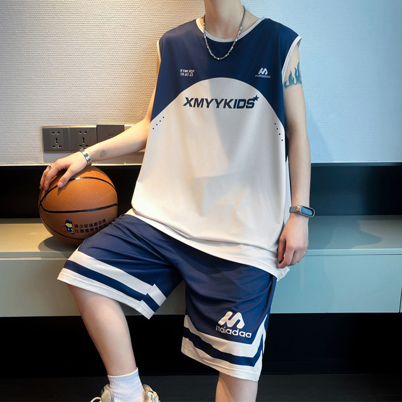 专柜无袖篮球服套装男夏季冰丝速干背心短裤两件套青少年帅气一套