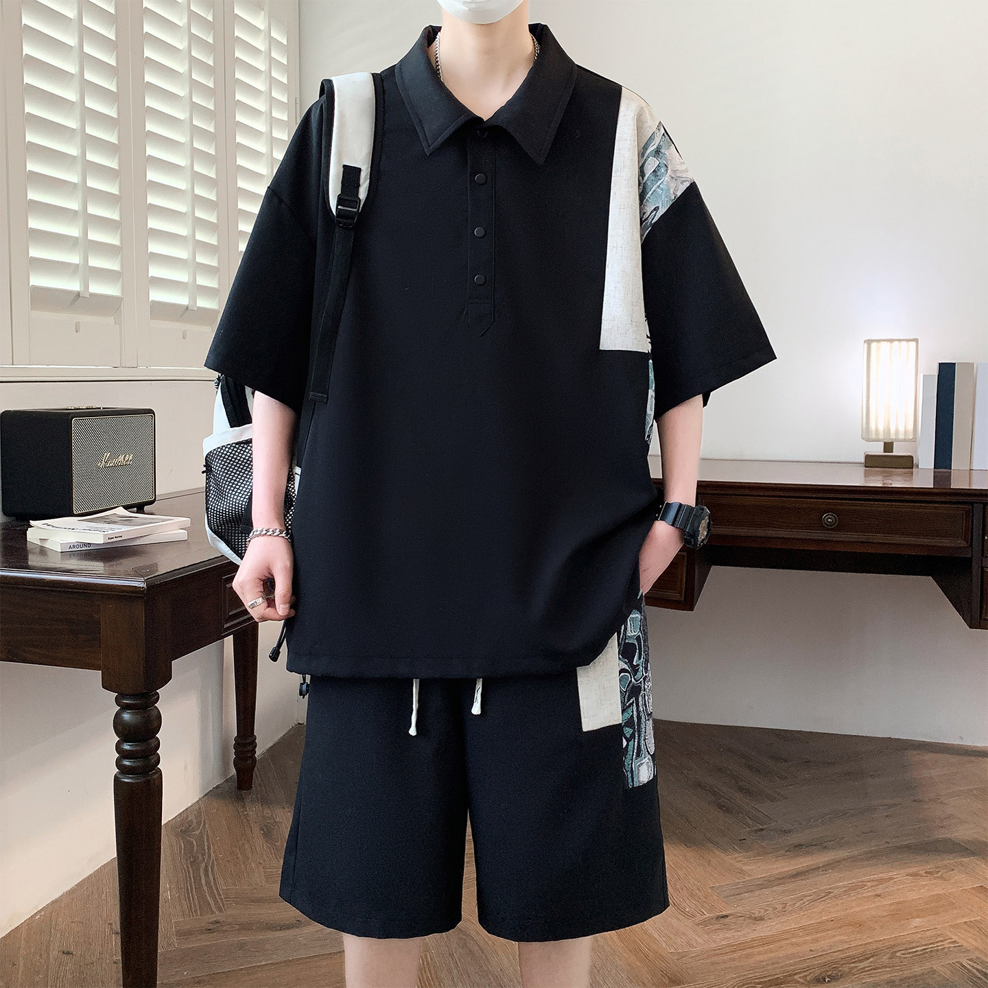 专柜冰丝亚麻休闲套装男夏季薄款宽松Polo短袖短裤两件套潮流一套