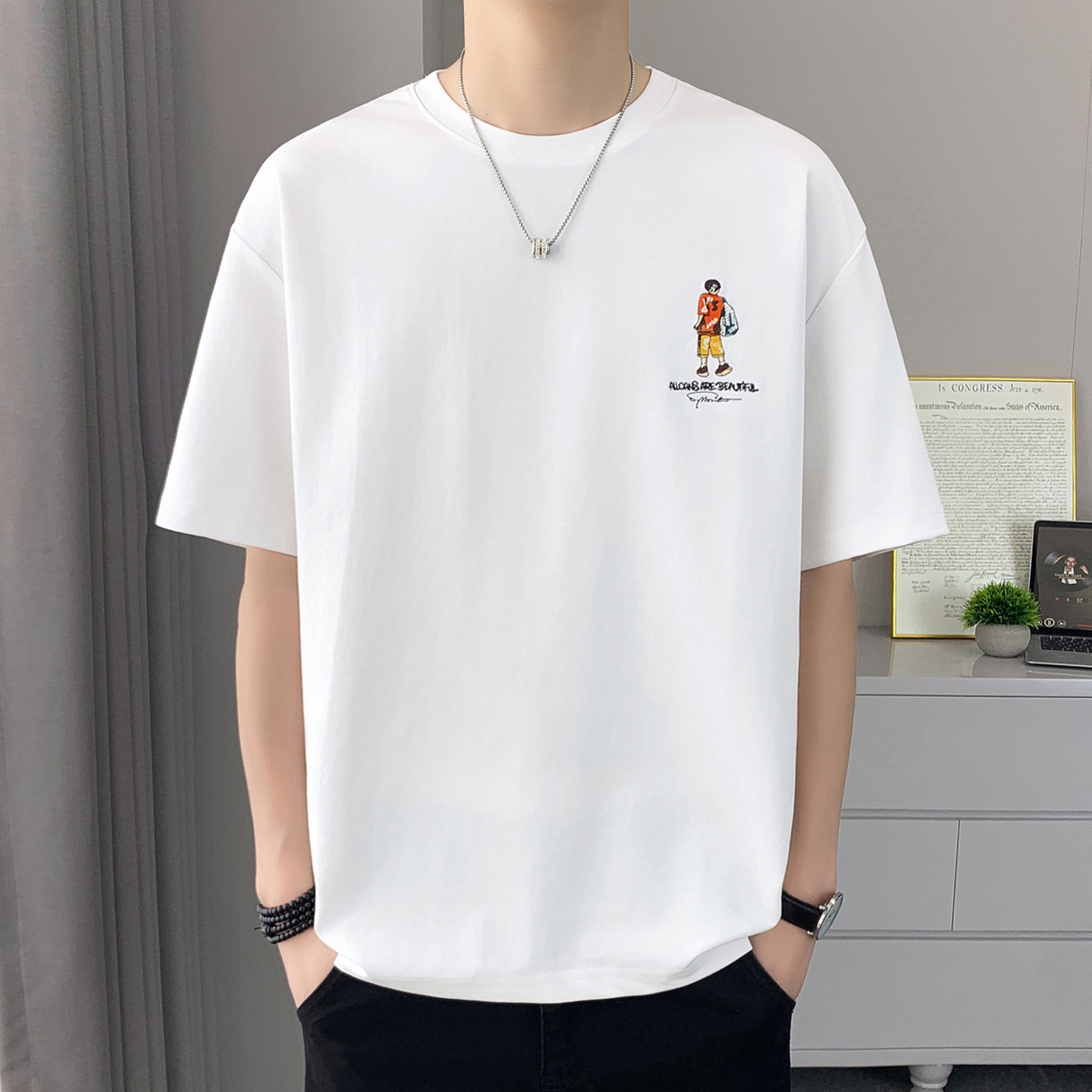 专柜卡通图案短袖男夏季新款凉感半袖白体恤衫宽松休闲青少年潮牌