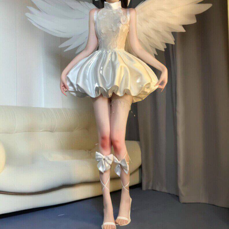 专柜韩系独特超好看的收腰蓬蓬花苞短裙小个子温柔风甜美连衣裙26
