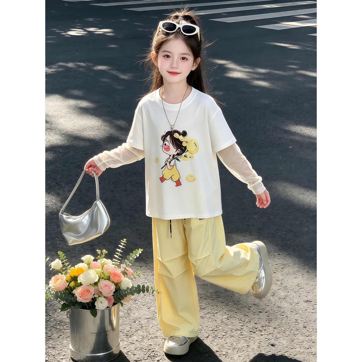 女童防晒衣套装夏季2026新款儿童洋气防晒长袖T恤夏装薄款阔腿裤