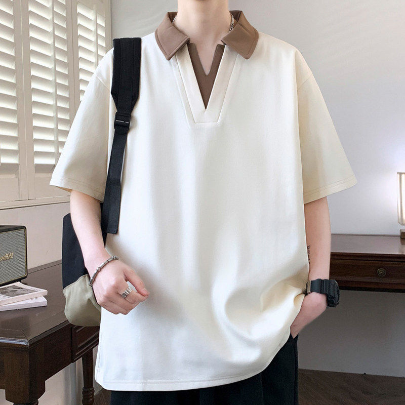 专柜假两件短袖t恤男夏季V领polo衫男五分半袖上衣服高级感宽松体