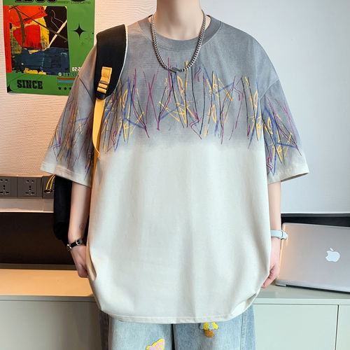 专柜渐变色线条短袖T恤男夏季新款潮牌美式风凉感半袖衣服青少年
