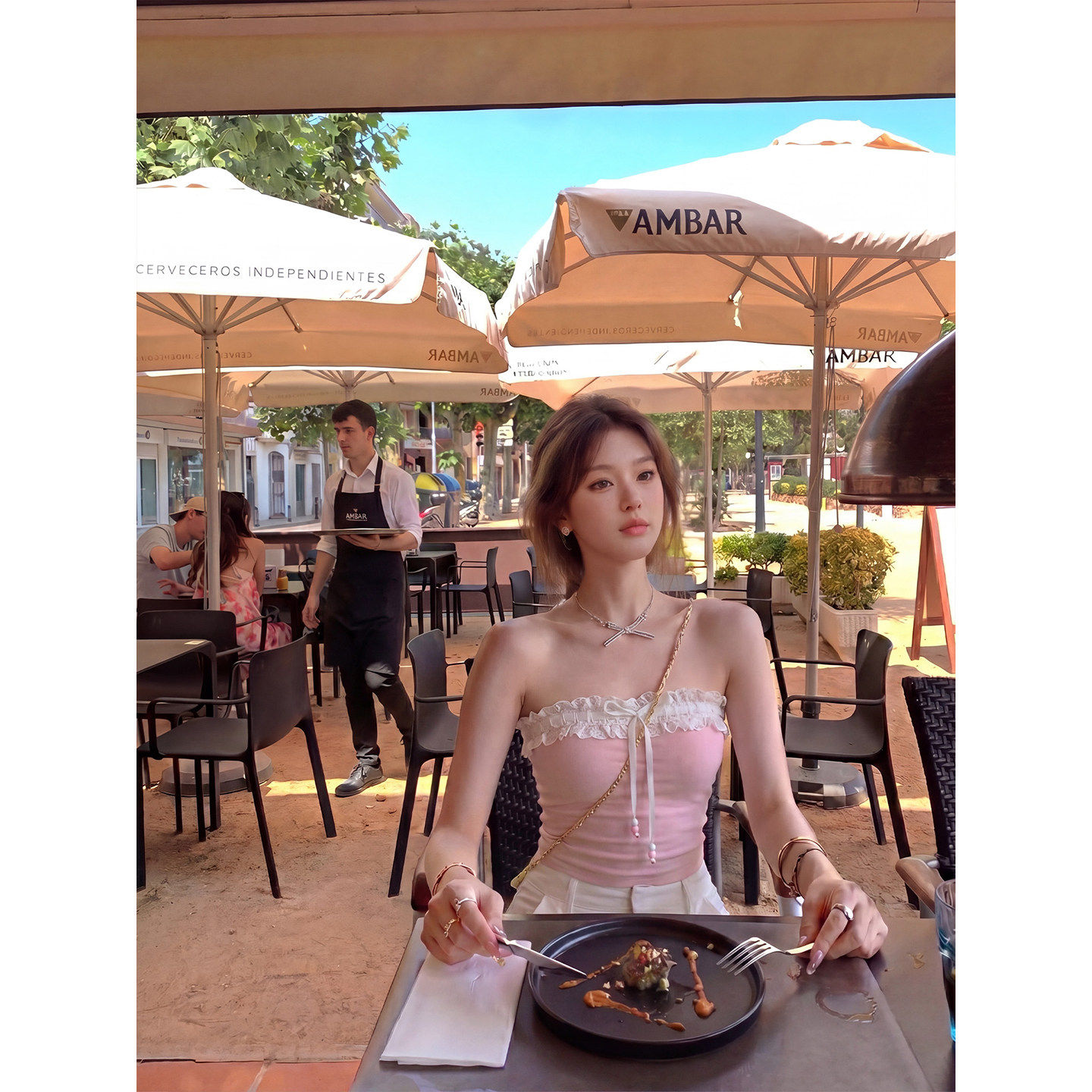 专柜纯欲风木耳边抹胸背心女夏外穿辣妹短款修身显瘦无袖上衣