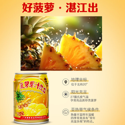 菠萝果汁饮料250mlx12罐装非浓缩新鲜果压榨凤梨汁湛江徐闻菠萝汁