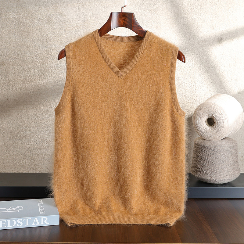 男士羊绒马甲背心秋冬拉绒100纯羊绒衫男针织打底坎肩V领无袖毛衣