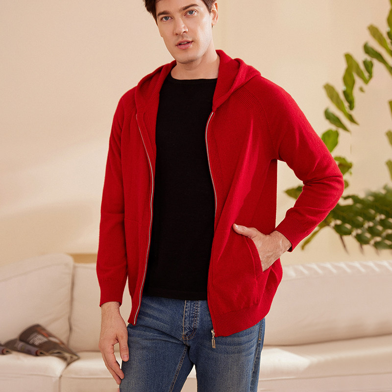 连帽100纯山羊绒衫开衫男秋冬针织带帽宽松帽衫毛衣拉链带兜外套