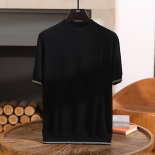 精纺半高领短袖羊绒衫男100纯羊绒t恤男春秋冬中领内搭半袖体恤衫