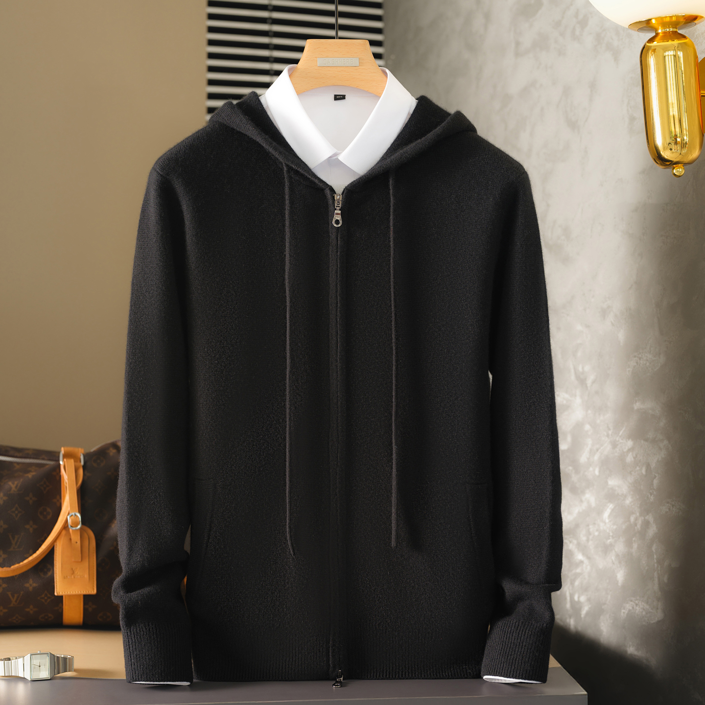 统悦带帽男纯山羊绒帽衫开衫外套