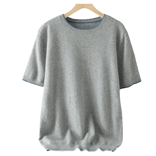 圆领拼色短袖T恤男秋冬100纯山羊绒衫针织打底羊毛半袖毛衣体恤衫