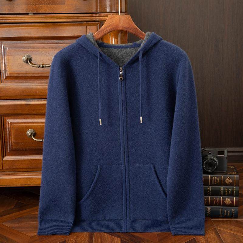 带帽100%纯羊绒衫男帽衫秋冬针织保暖宽松拉链加厚款开衫毛衣外套