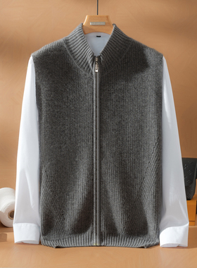 半高领100%纯羊绒衫马甲男秋冬针织外穿坎肩无袖毛衣立领开衫外套
