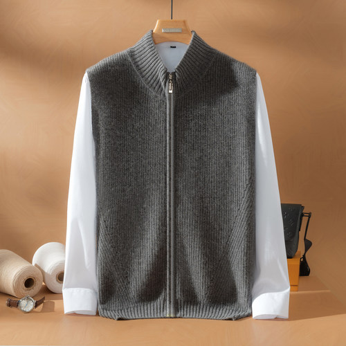 统悦纯羊绒马甲男开衫拉链外套