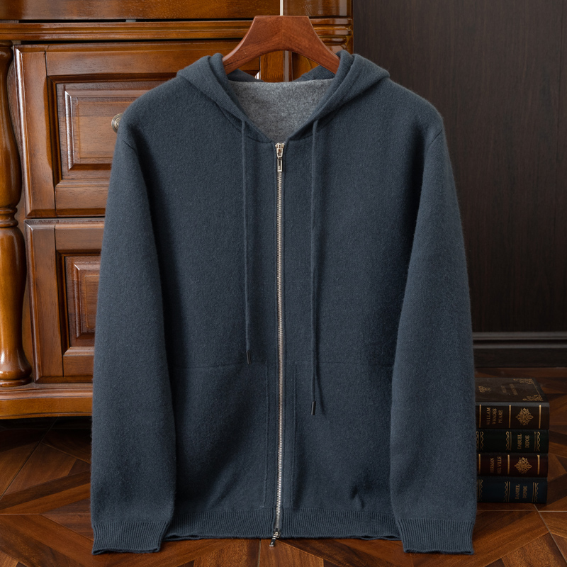 100%纯山羊绒开衫外套男士帽衫