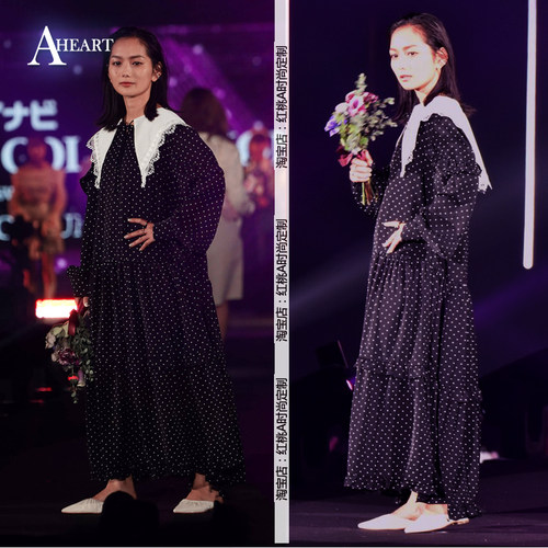 T台时装款法式波点长袖荷叶边