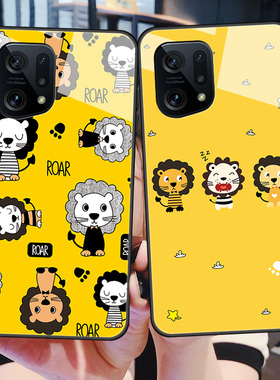 OPPOFindX5手机壳Findx5Pro玻璃硅胶oppo软边硬壳5G全包防摔PFFM10萌狮卡通PFET10男女情侣fnidx5por个性可爱