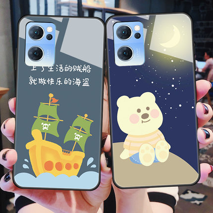 opporeno7se手机壳Reno7SE玻璃5G全包防摔OPPO硅胶软边硬壳opop月亮熊remo7es男女opoop情侣rone七se卡通可爱