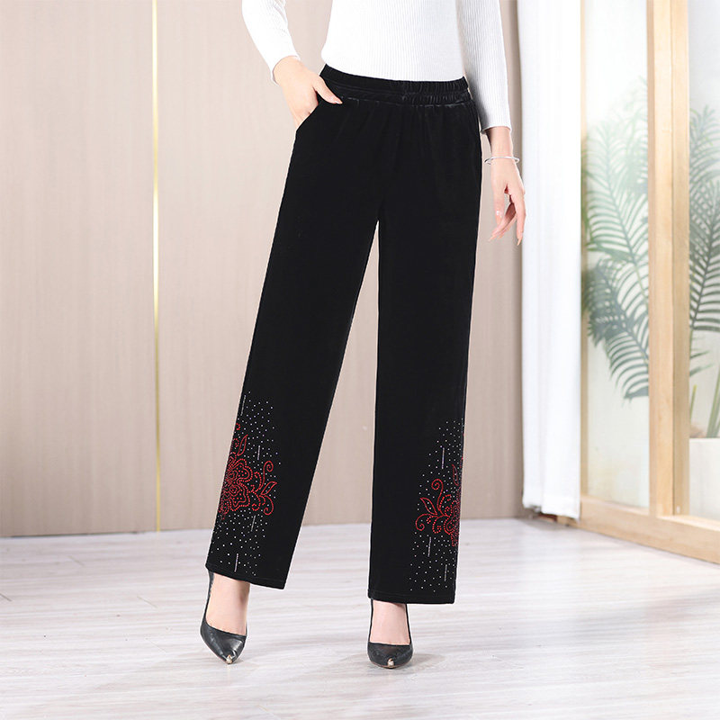 25新款进口金丝绒中老年妈妈穿宽松紧弹力高腰休闲阔腿直筒女长裤