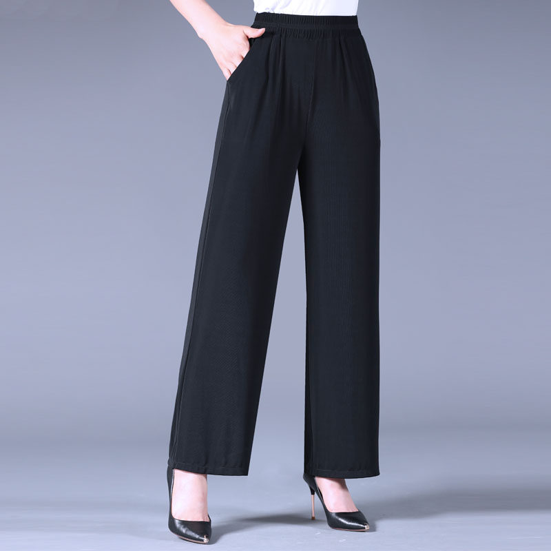 2020夏季新品中老年女装休闲黑阔腿薄款4050岁冰丝弹力直筒长裤子