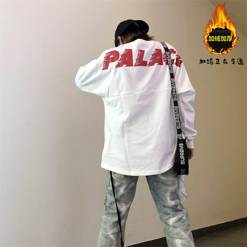 纯棉长袖T恤男秋冬季字母印花宽松加绒卫衣oversize情侣打底