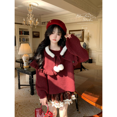 Blovelan圣诞节日氛围感温柔减龄红色斗篷+宽松毛衣两件套女秋冬