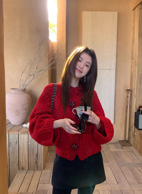 红绯酒心RARE ZZ高奢羊毛招财红色绞花软糯经典老钱开衫