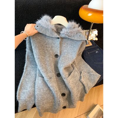 实拍 韩版海军领狐狸毛针织保暖毛衣中长款外套慵懒风宽松高级感