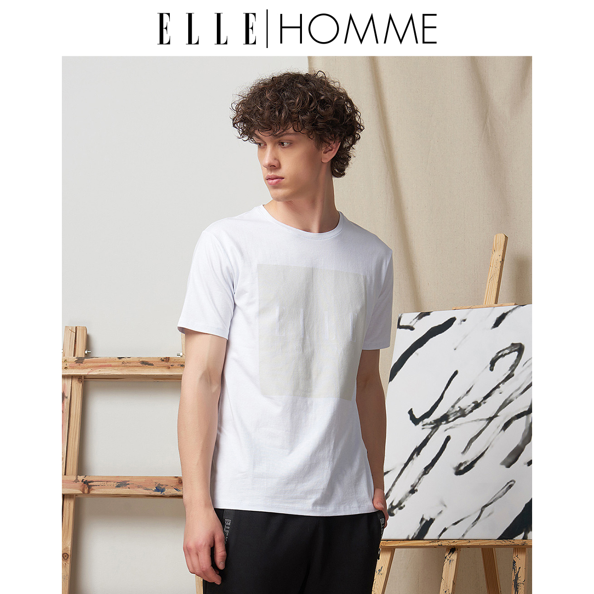 ELLE HOMME男士T恤运动休闲棉质字母印花圆领短袖91041